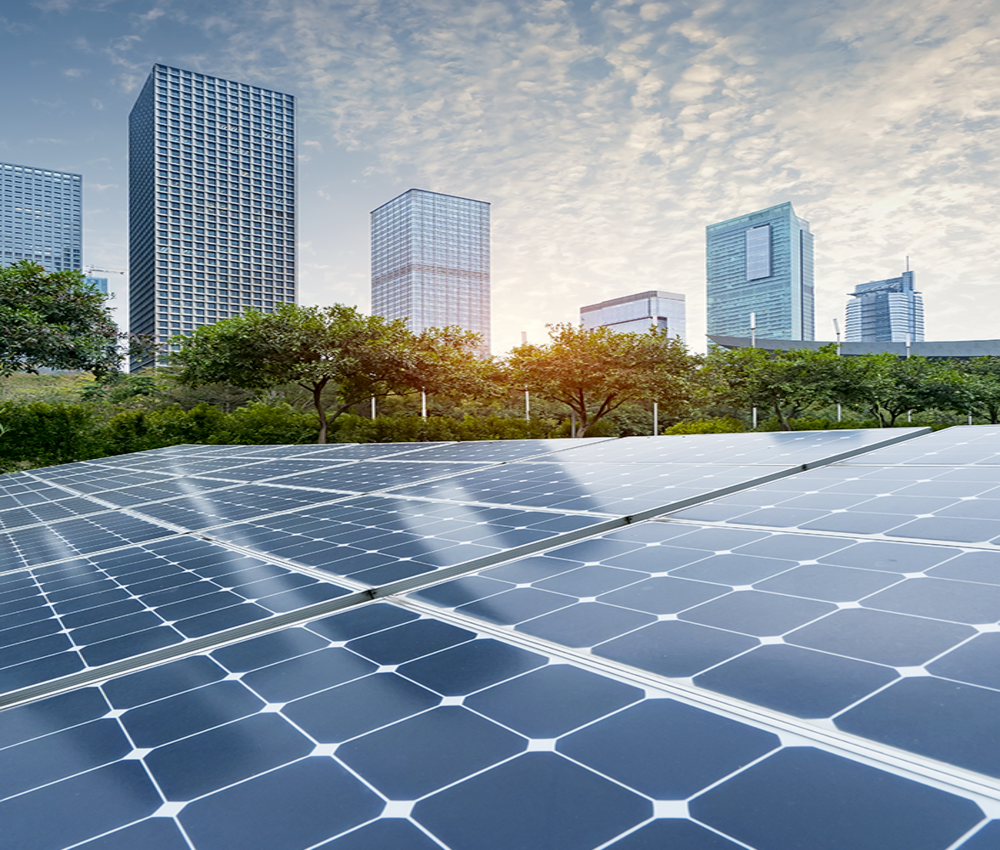 Solar panels with commercial skyline